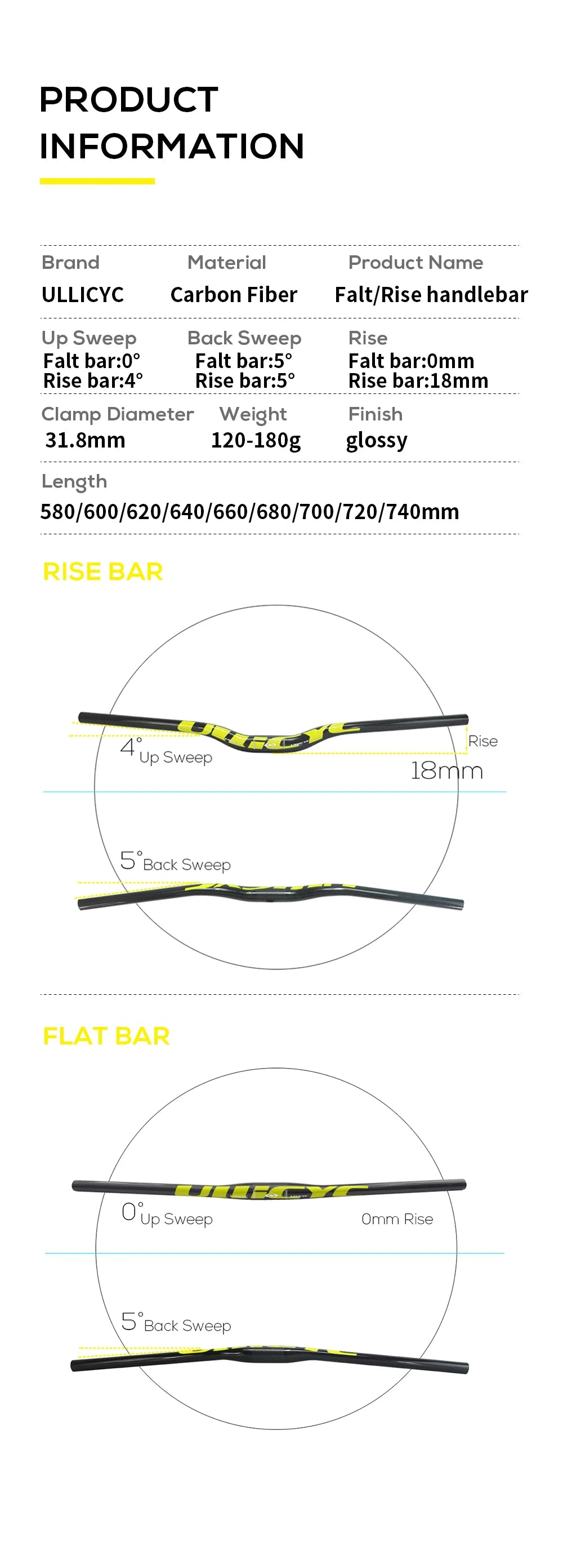 Guidon VTT ULLICYC 3K Carbone Intégral Plat/Rise Guidon Vélo Carbone Pièces VTT Jaune Fluo 31.8*580-740mm