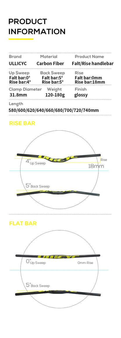 Guidon VTT ULLICYC 3K Carbone Intégral Plat/Rise Guidon Vélo Carbone Pièces VTT Jaune Fluo 31.8*580-740mm