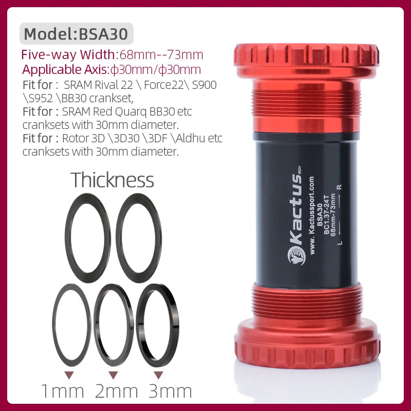 KACTUS Bicycle Bottom Bracket BSA Thread Kit Road MTB Bike Frame 68/73 for Axis 24/22 and 29/30mm for Shimano/SRAM GXP Crankset