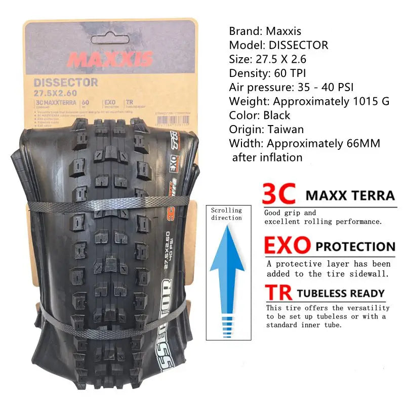 MAXXIS Dissector MTB-Reifen will den Rollwiderstand minimieren und dabei die Kurvenkontrolle beibehalten Größe:27.5x2.4WT 29X2.4 EXO TR DH