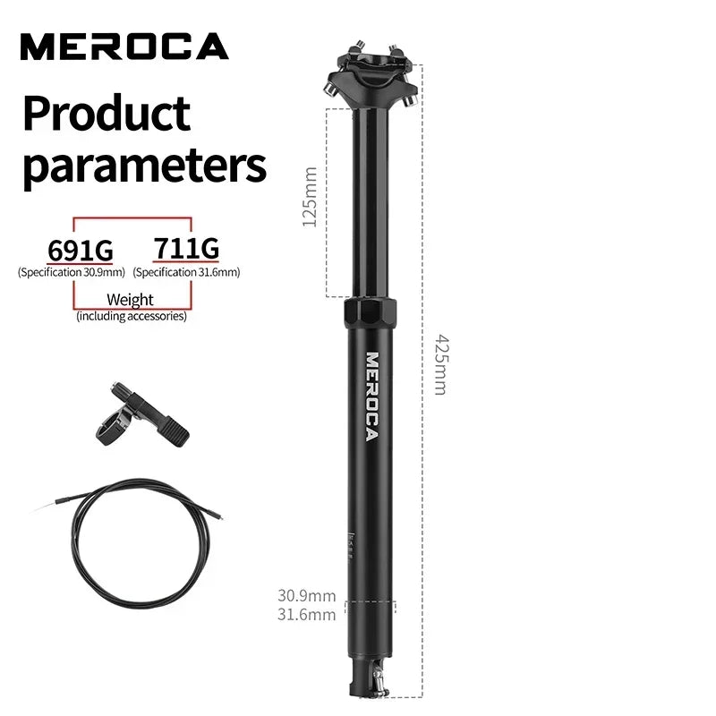 MEROCA Fahrrad-Dropper-Sattelstütze 27,2/30,9/31,6x425mm Interne Kabelführung Fernbedienung Hubsattelstütze MTB-Sattelstütze