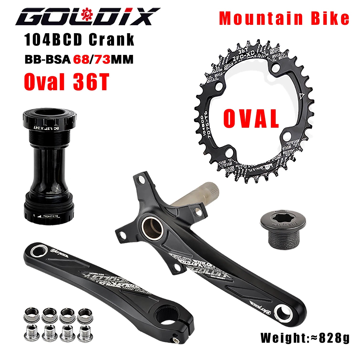 GOLDIX 104BCD MTB Kurbelgarnitur 165mm 170mm 175mm Kurbel Rund/Oval Kettenblatt 32Z/34Z/36Z/38Z Narrow Wide Zähne Ritzel für Mountain