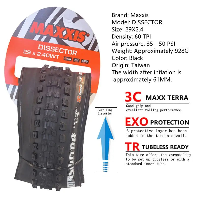 MAXXIS Dissector MTB-Reifen will den Rollwiderstand minimieren und dabei die Kurvenkontrolle beibehalten Größe:27.5x2.4WT 29X2.4 EXO TR DH