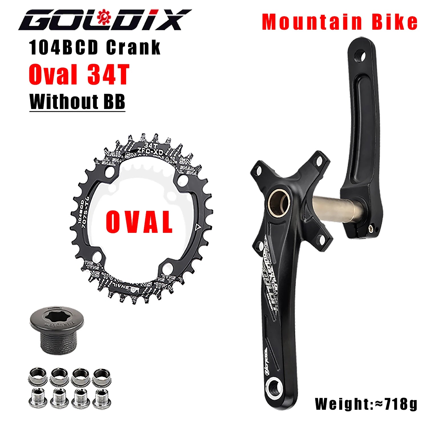 GOLDIX 104BCD MTB Kurbelgarnitur 165mm 170mm 175mm Kurbel Rund/Oval Kettenblatt 32Z/34Z/36Z/38Z Narrow Wide Zähne Ritzel für Mountain