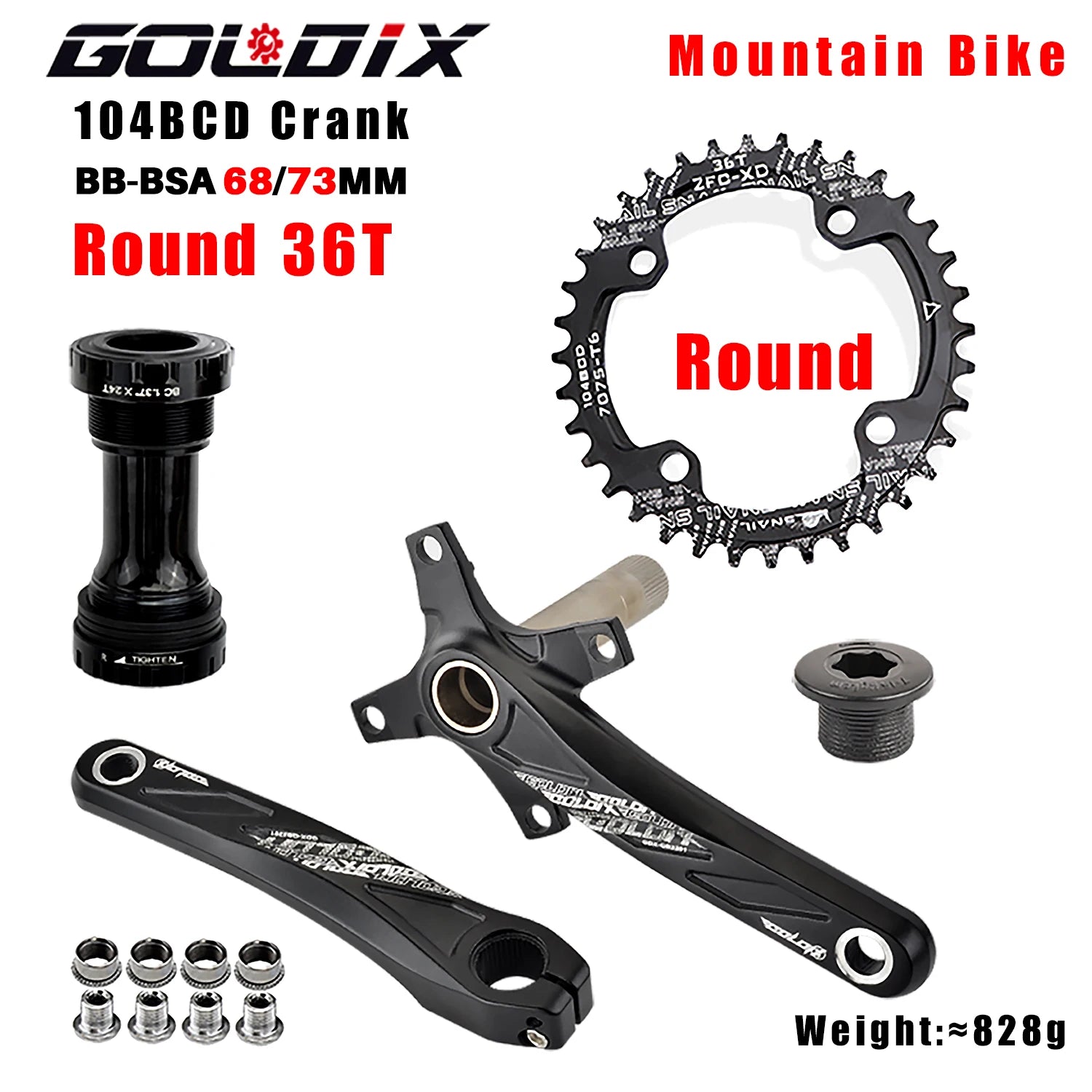 GOLDIX 104BCD MTB Kurbelgarnitur 165mm 170mm 175mm Kurbel Rund/Oval Kettenblatt 32Z/34Z/36Z/38Z Narrow Wide Zähne Ritzel für Mountain