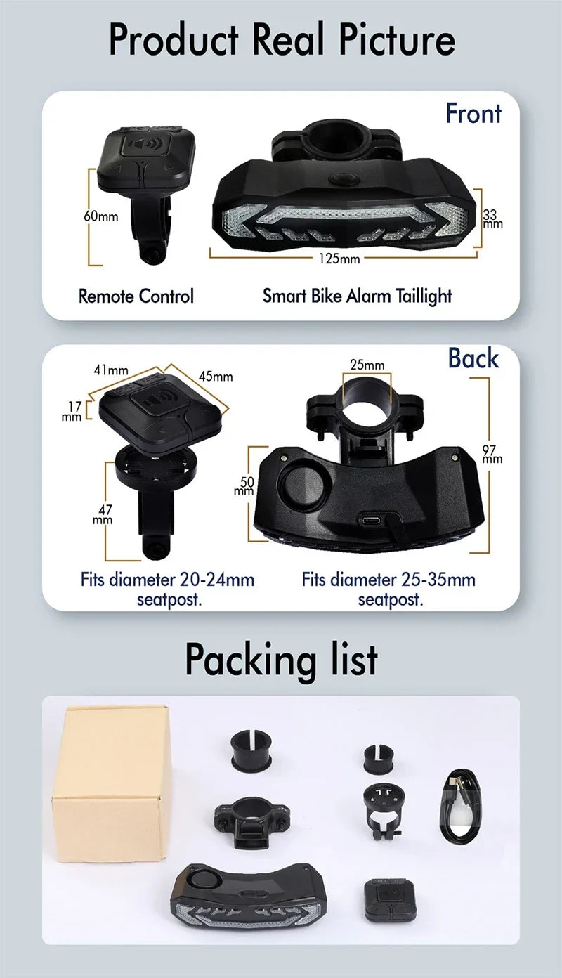 USB wiederaufladbares Fahrradrücklicht mit Alarm, wasserdichtes Anti-Diebstahl-Rücklicht, Fahrradblinker, Bremswarnlicht