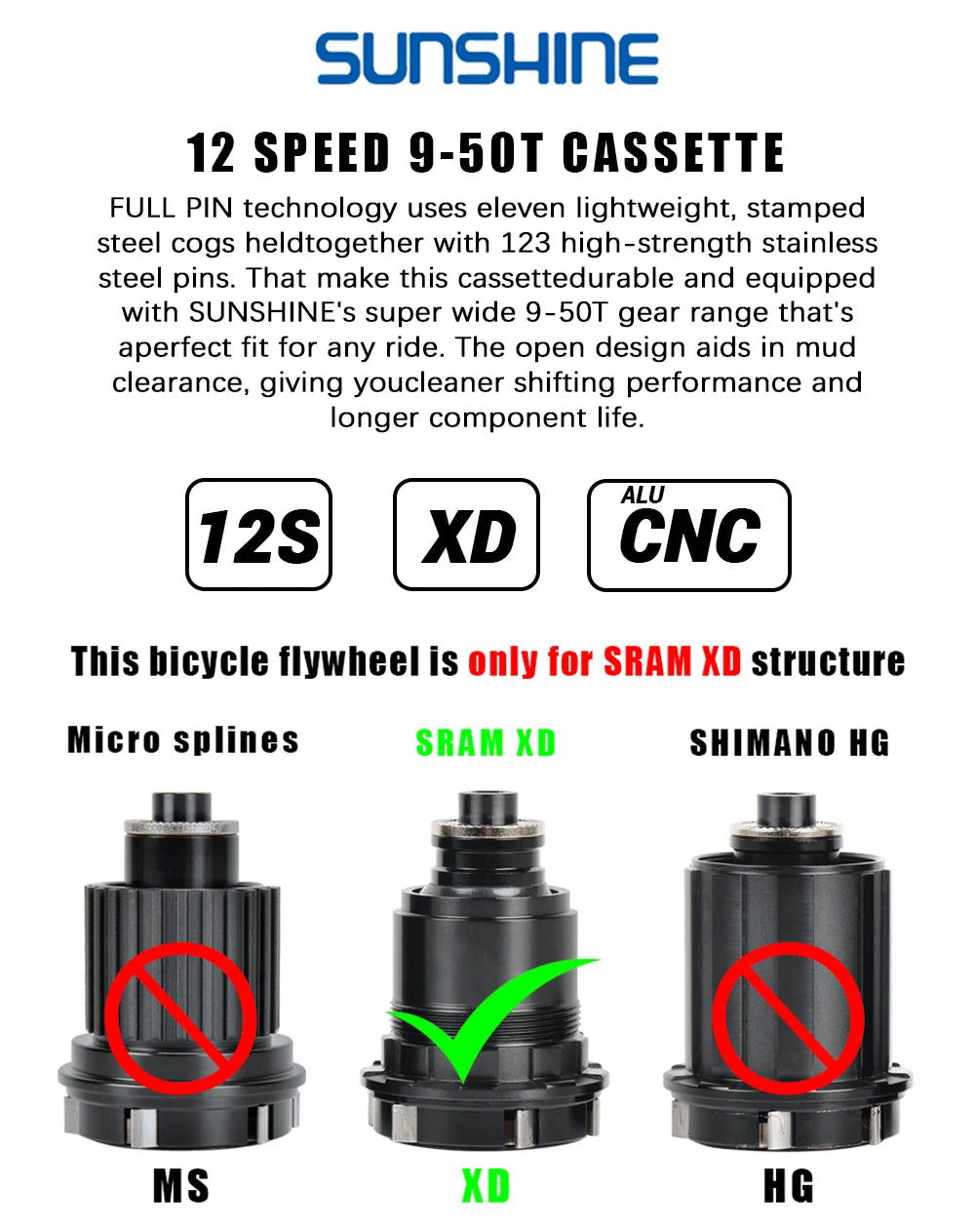 SUNSHINE XD Structure Bicycle Cassette 12 Speed 9T-50T Black Mountain Bike Freewheel 12V for Sram XD Freehub GX EAGLE XX1 X01