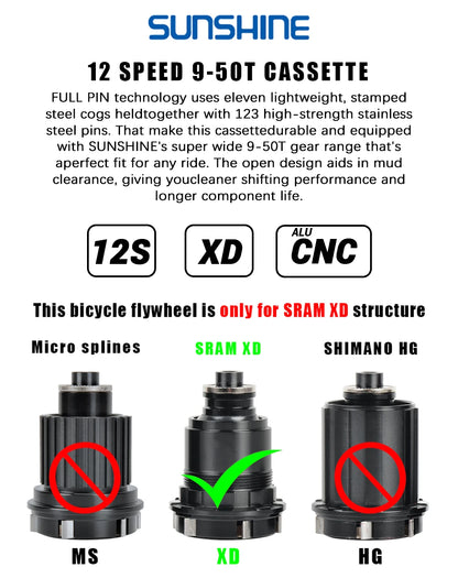 SUNSHINE XD Structure Bicycle Cassette 12 Speed 9T-50T Black Mountain Bike Freewheel 12V for Sram XD Freehub GX EAGLE XX1 X01