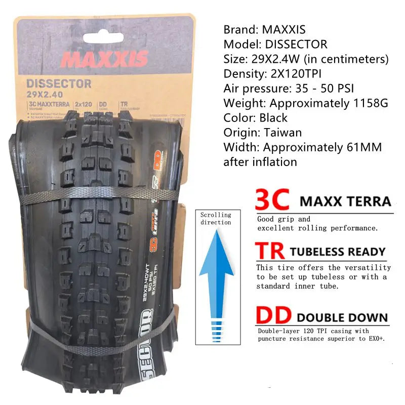 MAXXIS Dissector MTB-Reifen will den Rollwiderstand minimieren und dabei die Kurvenkontrolle beibehalten Größe:27.5x2.4WT 29X2.4 EXO TR DH