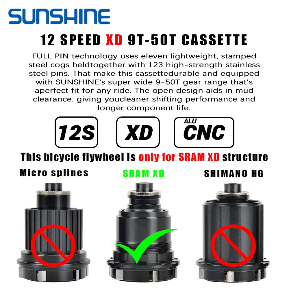 SUNSHINE XD Structure Bicycle Cassette 12 Speed 9T-50T Black Mountain Bike Freewheel 12V for Sram XD Freehub GX EAGLE XX1 X01