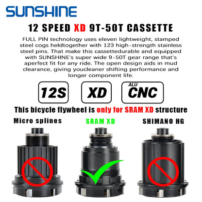 SUNSHINE XD Structure Bicycle Cassette 12 Speed 9T-50T Black Mountain Bike Freewheel 12V for Sram XD Freehub GX EAGLE XX1 X01