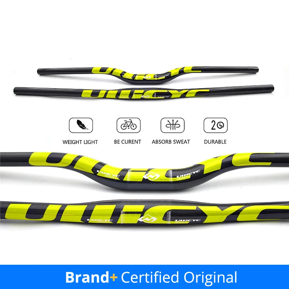 Guidon VTT ULLICYC 3K Carbone Intégral Plat/Rise Guidon Vélo Carbone Pièces VTT Jaune Fluo 31.8*580-740mm