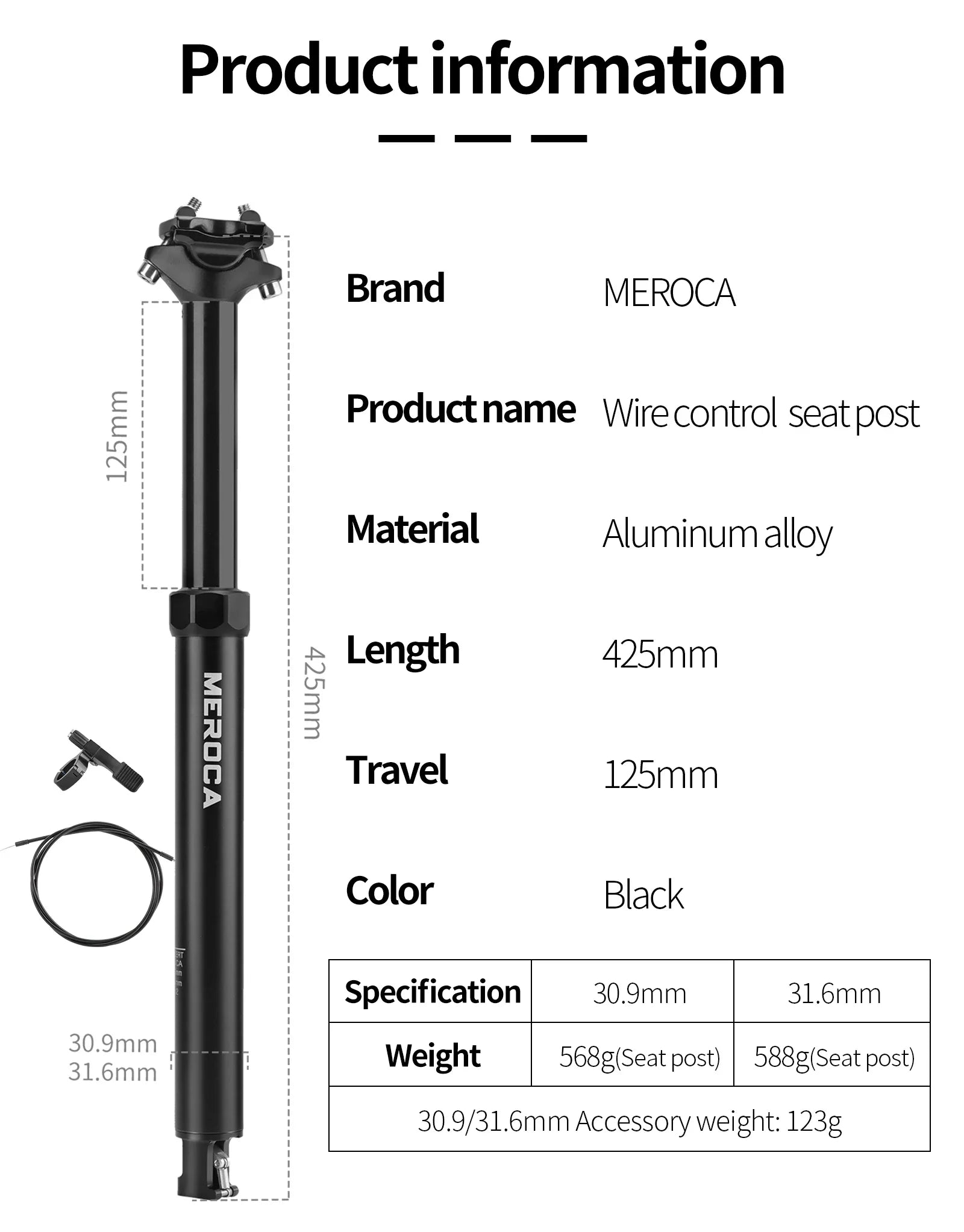 MEROCA Fahrrad-Dropper-Sattelstütze 27,2/30,9/31,6x425mm Interne Kabelführung Fernbedienung Hubsattelstütze MTB-Sattelstütze