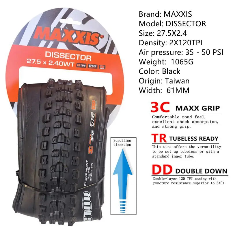 MAXXIS Dissector MTB-Reifen will den Rollwiderstand minimieren und dabei die Kurvenkontrolle beibehalten Größe:27.5x2.4WT 29X2.4 EXO TR DH
