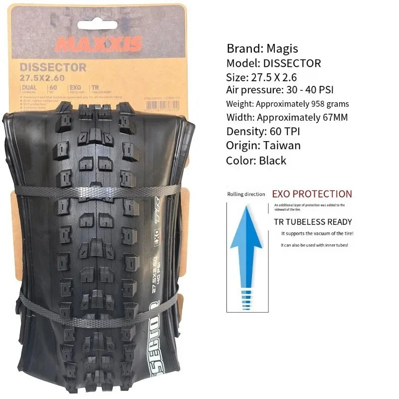 MAXXIS Dissector MTB-Reifen will den Rollwiderstand minimieren und dabei die Kurvenkontrolle beibehalten Größe:27.5x2.4WT 29X2.4 EXO TR DH